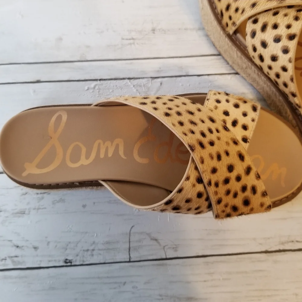 Sam Edelman Korina Leopard Print Calf Hair Espadrille Platform Slide Sandals